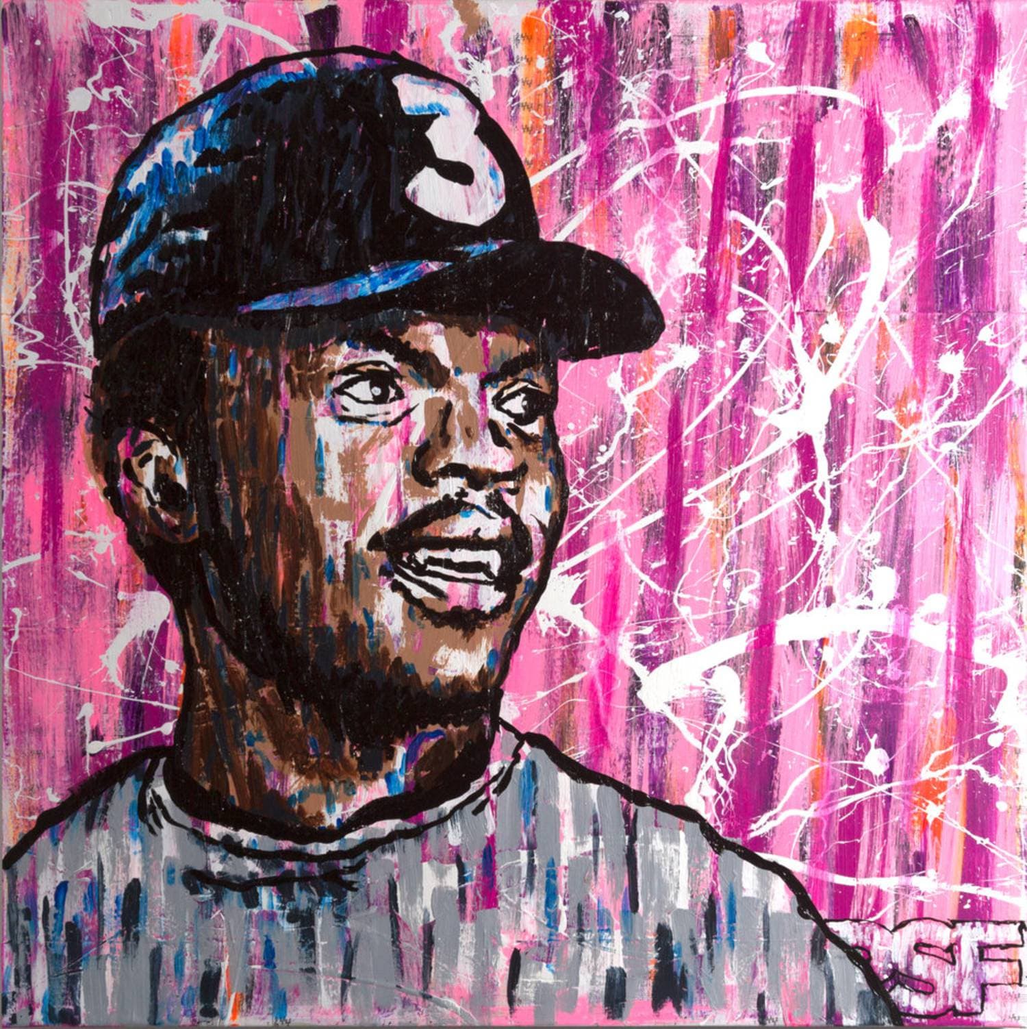 Chance The Rapper, acrylic on collage on canvas by R. Spencer Fink
