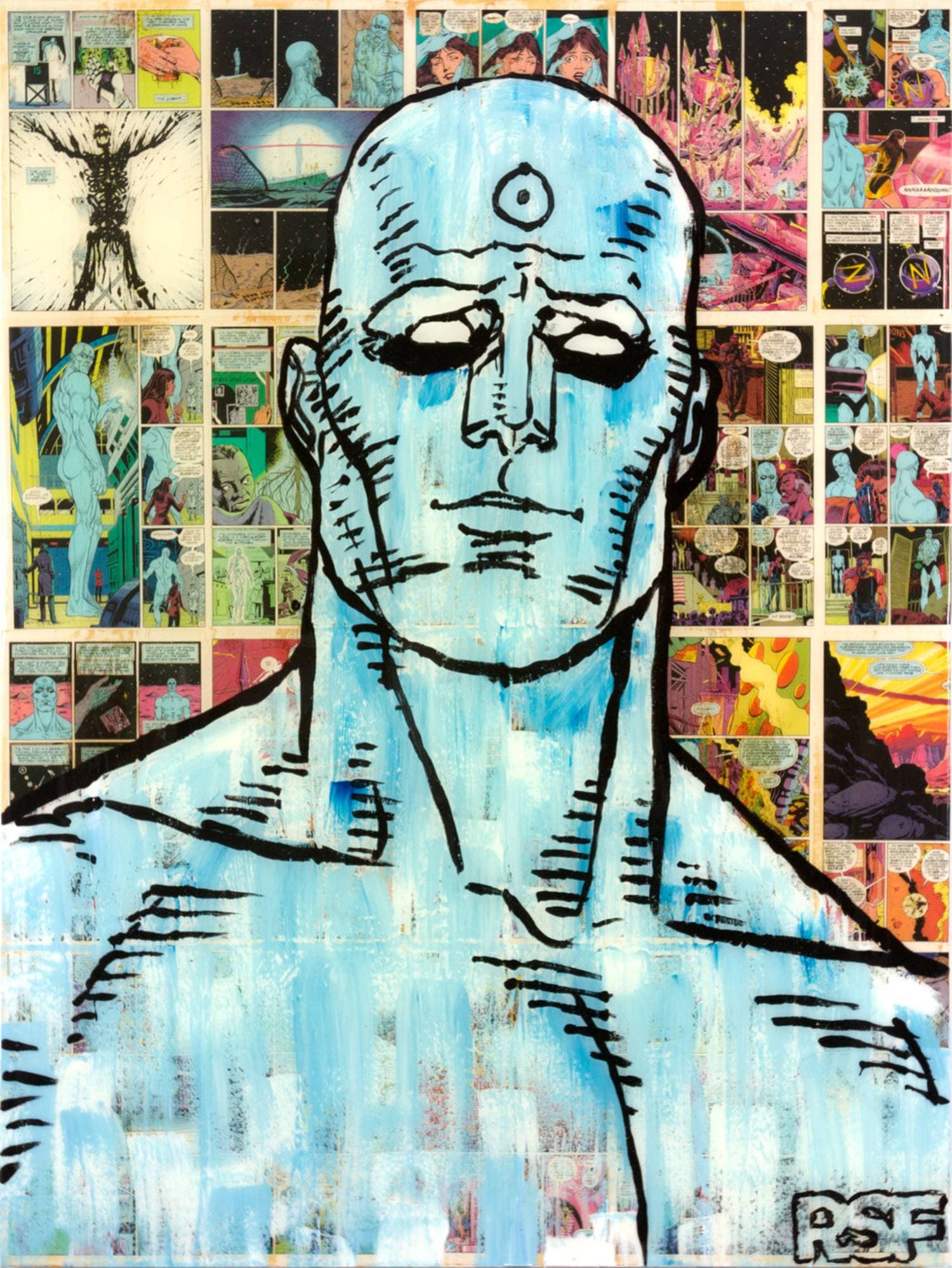 Dr. Manhattan, acrylic on collage on canvas by R. Spencer Fink